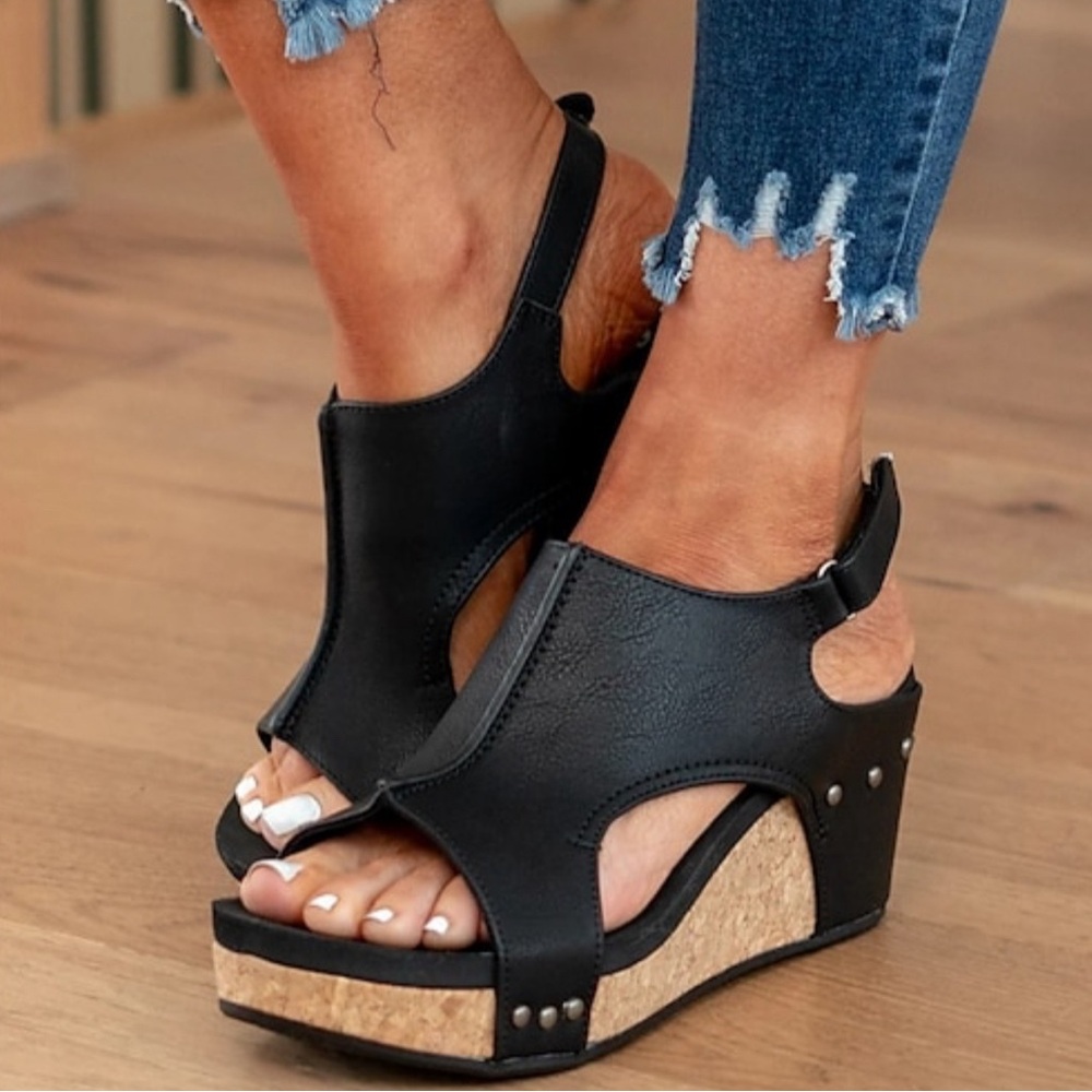 Very G Black Cork Platform Wedge Sandals